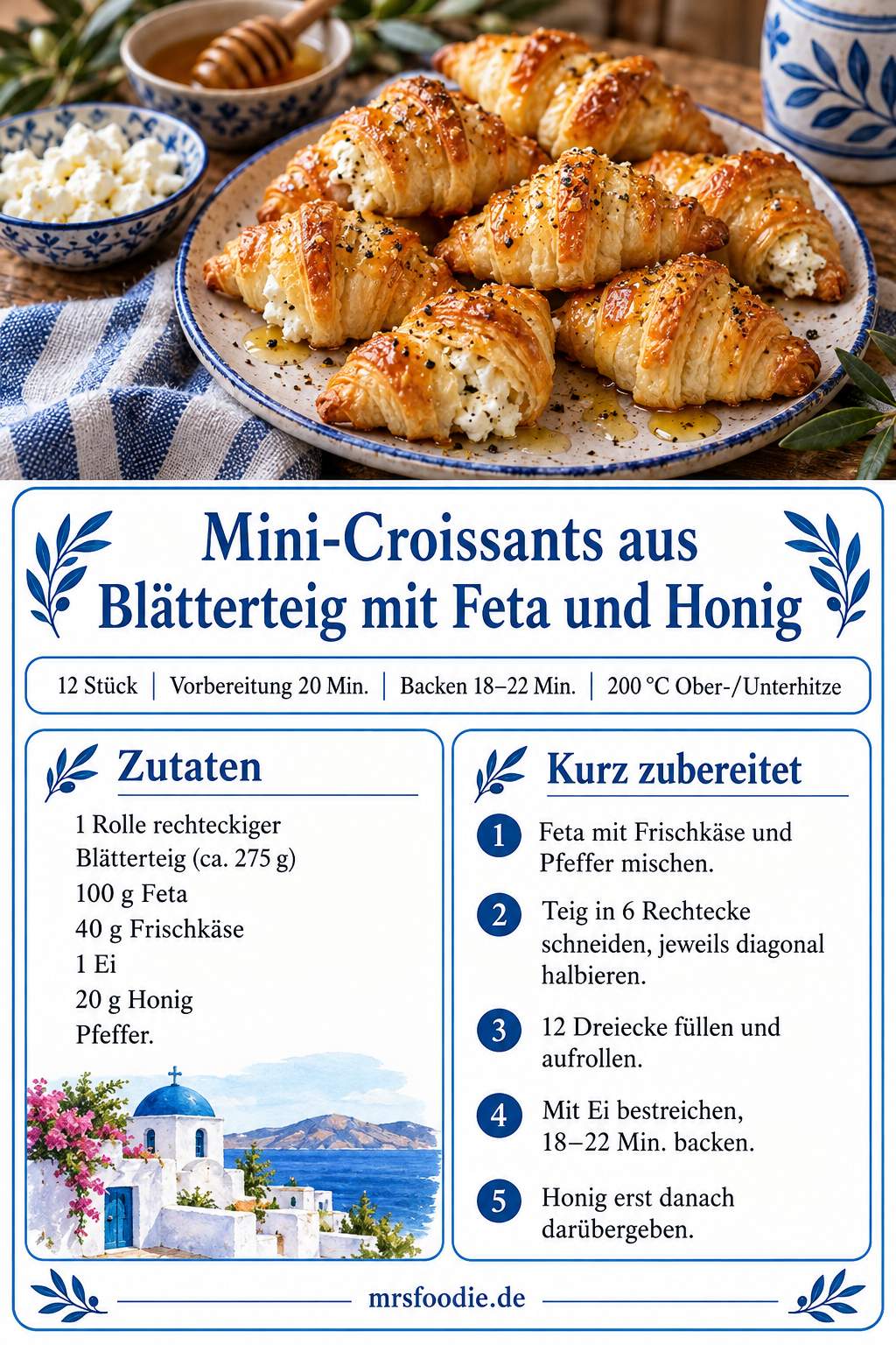 Mini-Croissants aus Blätterteig mit Feta und Honig – Zutaten und Kurzanleitung