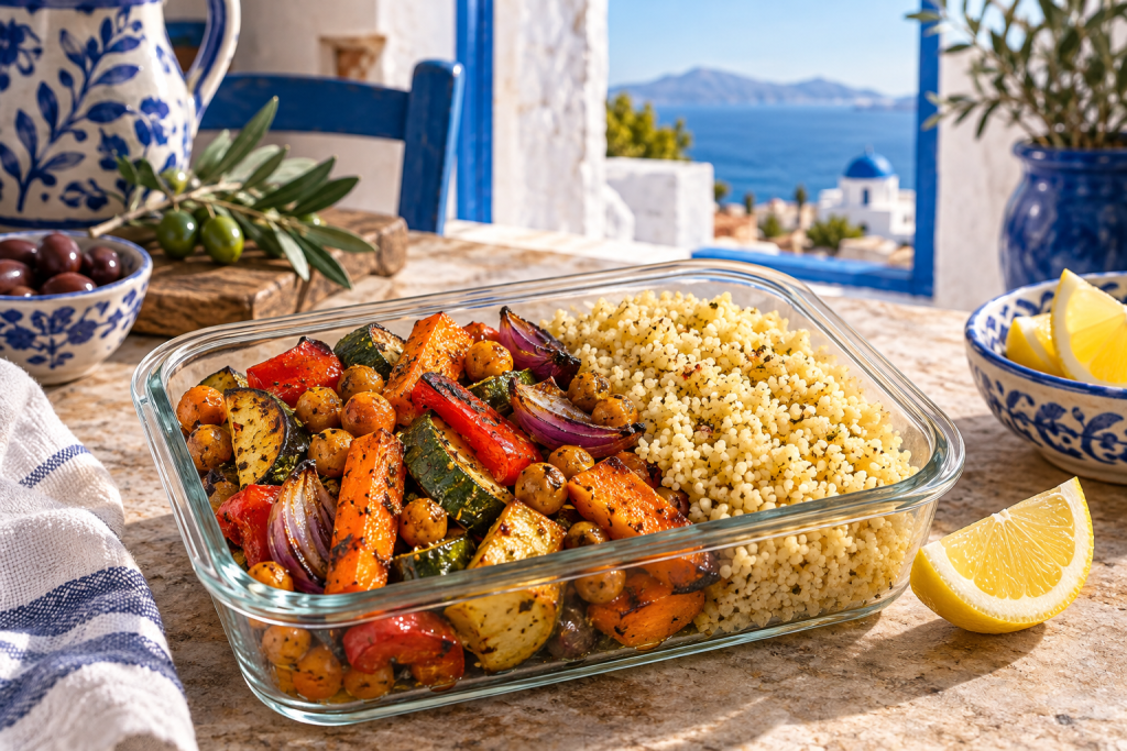 Geröstete Karotten, Zucchini, Paprika und Kichererbsen mit lockerem Zitronen-Couscous in einer Lunchbox.