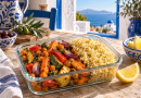 Geröstete Karotten, Zucchini, Paprika und Kichererbsen mit lockerem Zitronen-Couscous in einer Lunchbox.