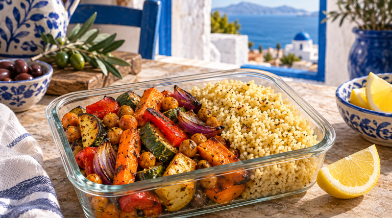 Geröstete Karotten, Zucchini, Paprika und Kichererbsen mit lockerem Zitronen-Couscous in einer Lunchbox.