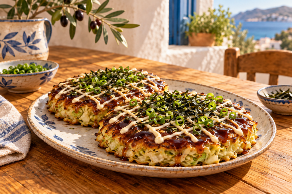 Japanische Okonomiyaki – einfache Kohl-Pancakes in einer rustikalen griechischen Küchenatmosphäre