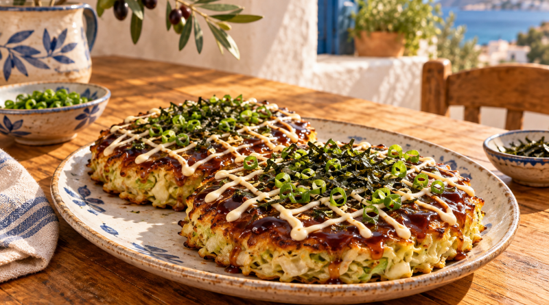 Japanische Okonomiyaki – einfache Kohl-Pancakes in einer rustikalen griechischen Küchenatmosphäre