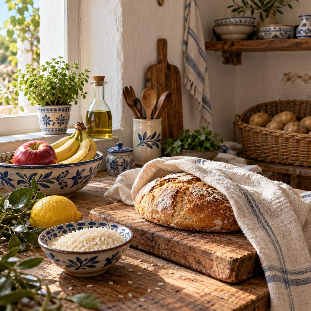 Brot, Zitrone, Obst und getrennt gelagerte Kartoffeln in einer rustikalen Küche