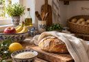 Brot, Zitrone, Obst und getrennt gelagerte Kartoffeln in einer rustikalen Küche