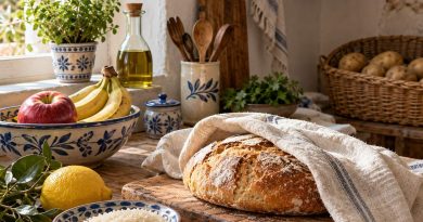 Brot, Zitrone, Obst und getrennt gelagerte Kartoffeln in einer rustikalen Küche