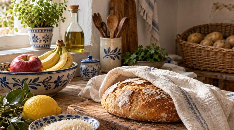 Brot, Zitrone, Obst und getrennt gelagerte Kartoffeln in einer rustikalen Küche