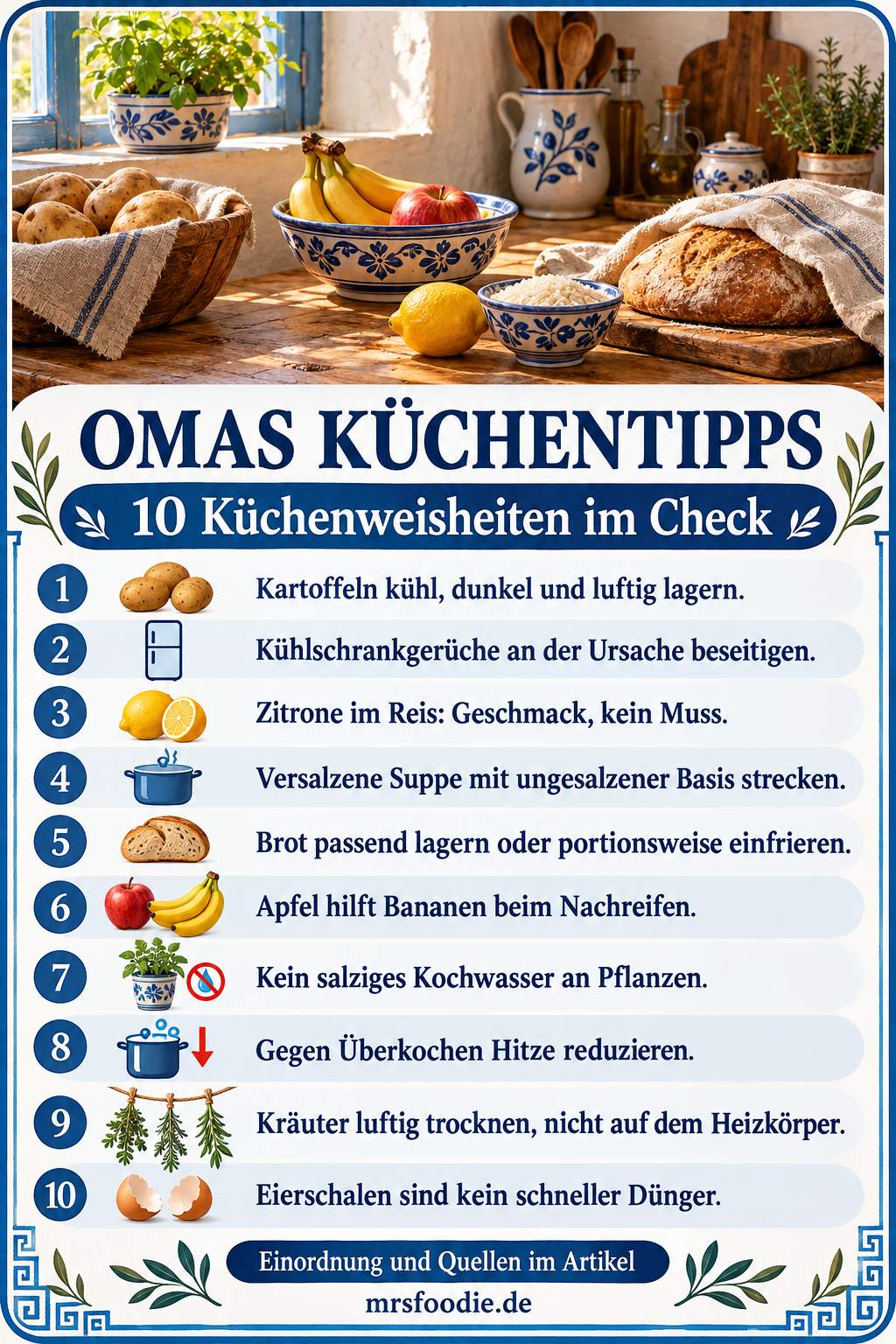 Omas Küchentipps: 10 Küchenweisheiten im Check – Merkkarte mit zehn geprüften Küchentipps