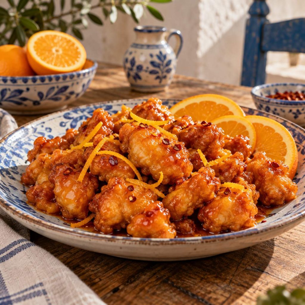 Orange Chicken mit frischer Orangensauce – angerichtetes Gericht
