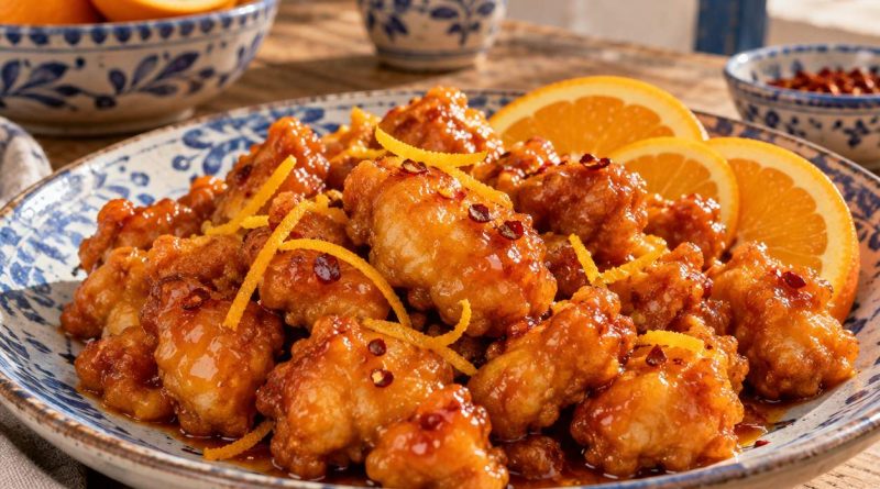 Orange Chicken mit frischer Orangensauce – angerichtetes Gericht