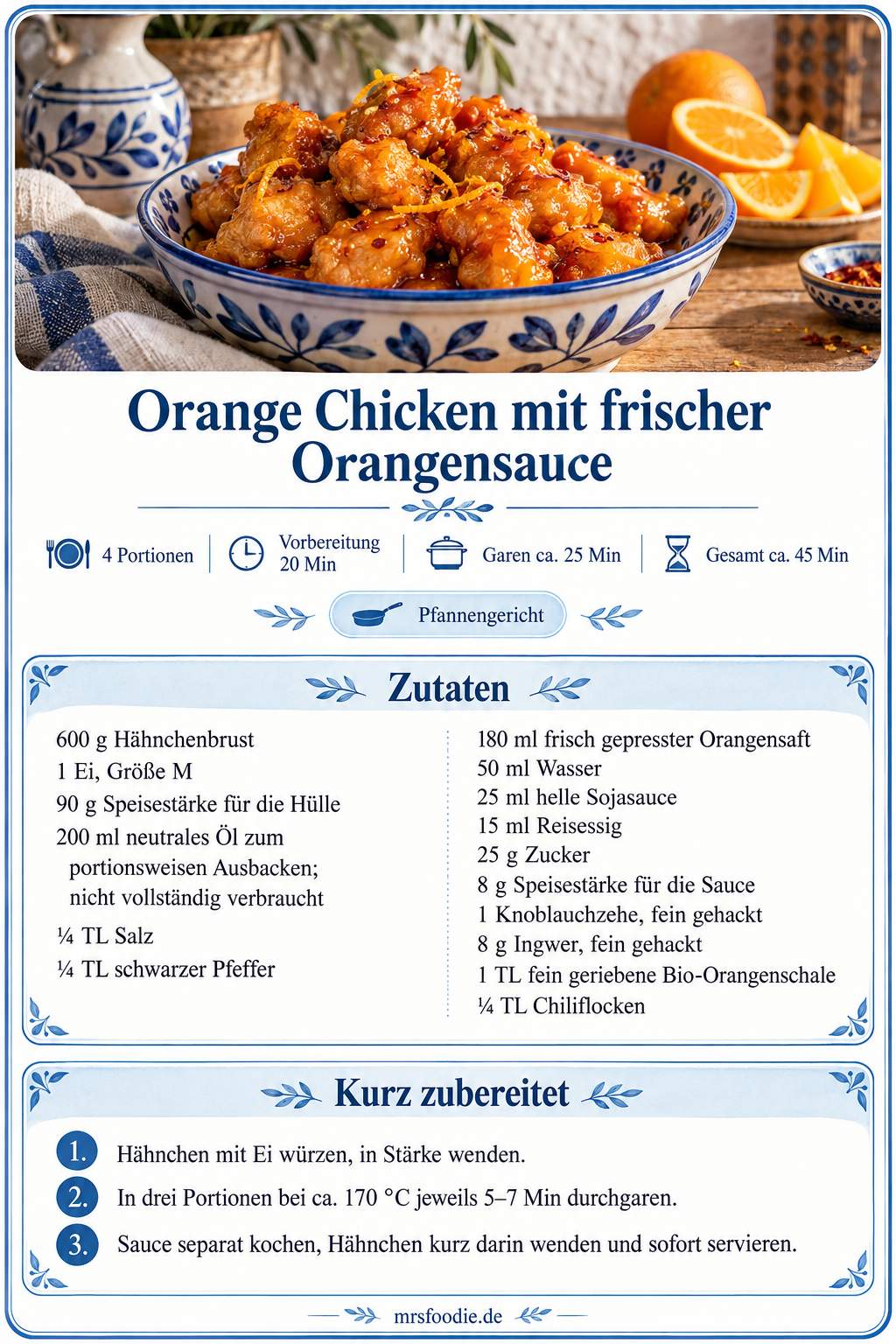 Orange Chicken mit frischer Orangensauce – Pinterest-Rezeptkarte mit Zutaten und Kurzanleitung