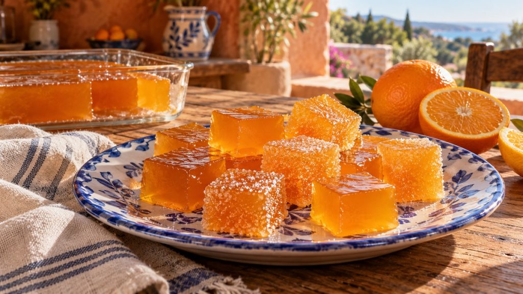 Illustration weicher Orangen-Geleewürfel, teils frisch in Zucker gewälzt, in einer rustikalen griechischen Küche.
