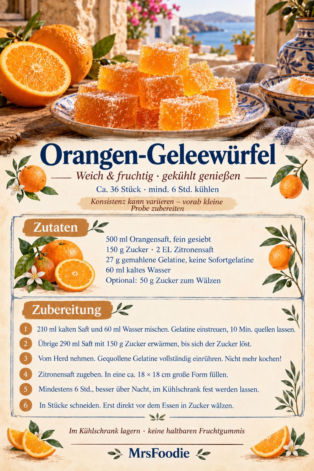 Pinterest-Rezeptkarte für Orangen-Geleewürfel mit Zutaten, Kurzanleitung und Hinweisen zur Konsistenz.
