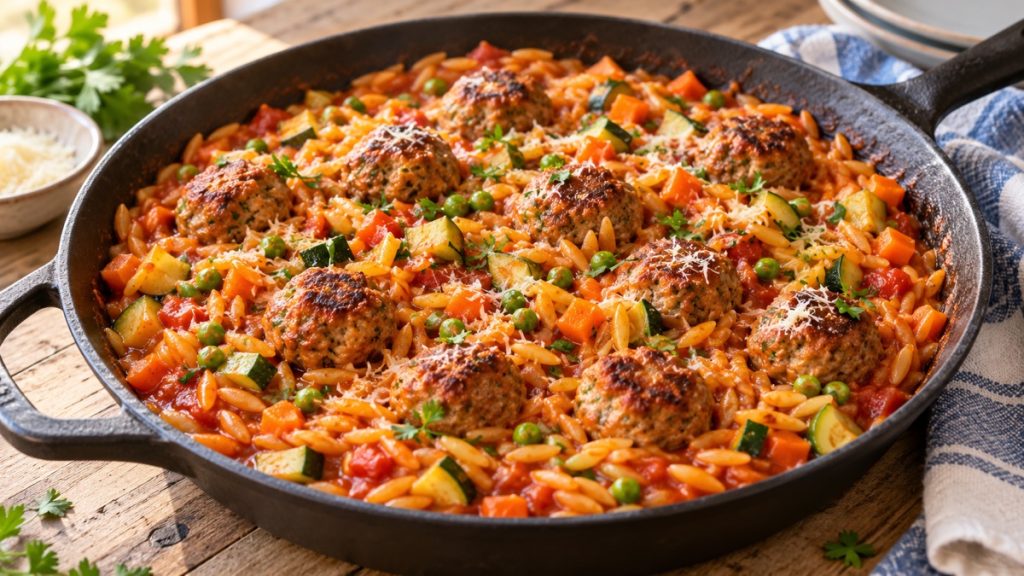 Orzo-Pfanne mit Hackbällchen, Möhren, Zucchini und Erbsen in Tomatensoße, mit Petersilie bestreut.