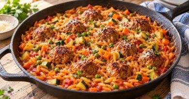 Orzo-Pfanne mit Hackbällchen, Möhren, Zucchini und Erbsen in Tomatensoße, mit Petersilie bestreut.