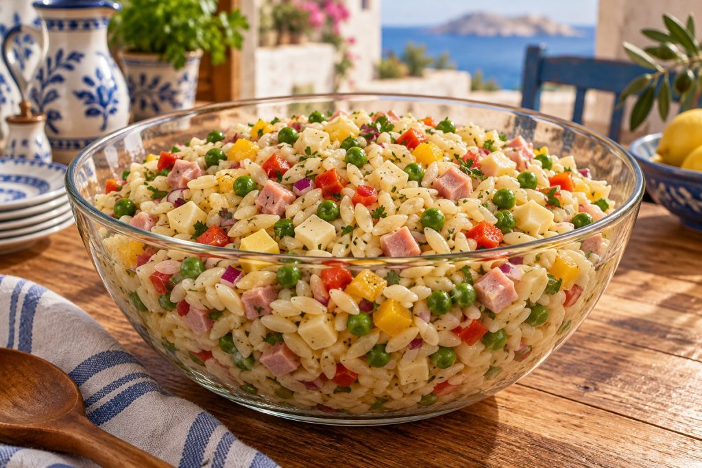 Bunter Kritharaki-Nudelsalat mit Paprika, Erbsen, Gouda und Kochschinken in einer Glasschüssel