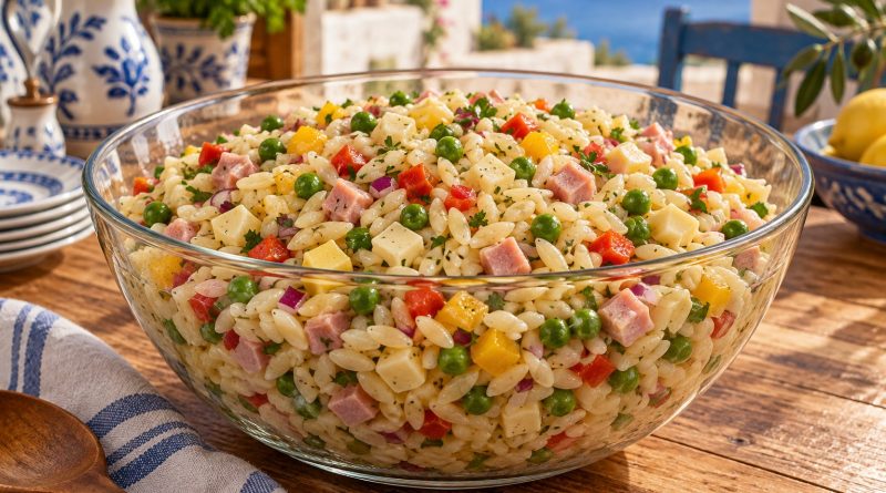 Bunter Kritharaki-Nudelsalat mit Paprika, Erbsen, Gouda und Kochschinken in einer Glasschüssel