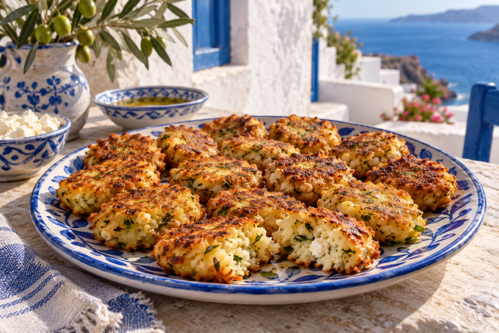 Patatokeftedes – Griechische Kartoffelpuffer mit Feta in einer warmen griechischen Küchenatmosphäre