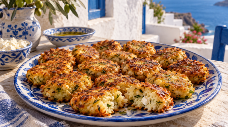 Patatokeftedes – Griechische Kartoffelpuffer mit Feta in einer warmen griechischen Küchenatmosphäre