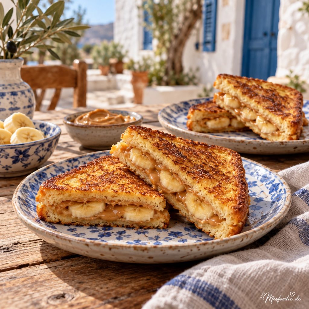 Peanut Butter Banana French Toast in warmer griechischer Küchenatmosphäre
