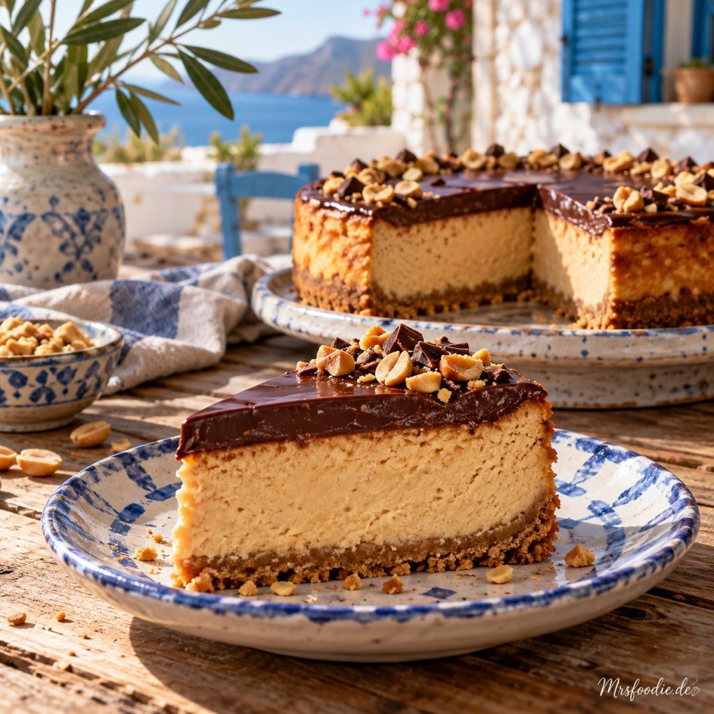 Peanut Butter Cheesecake mit Schokoganache in rustikaler griechischer Küchenatmosphäre