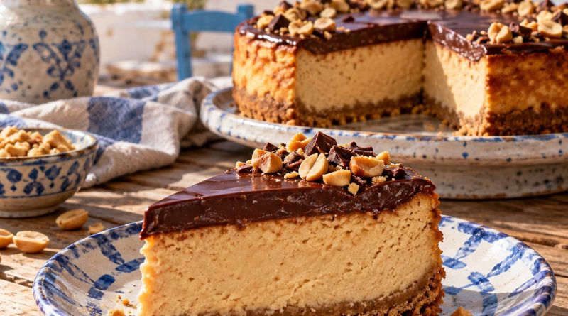 Peanut Butter Cheesecake mit Schokoganache in rustikaler griechischer Küchenatmosphäre