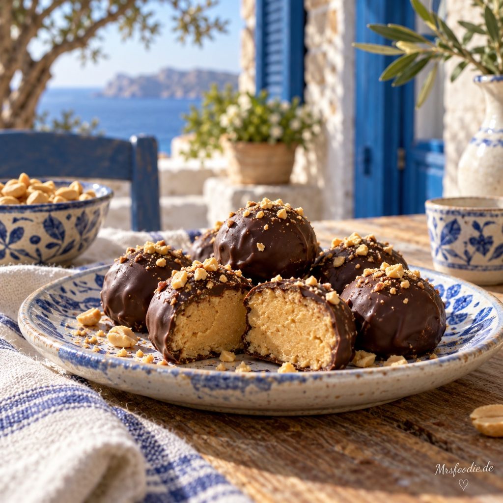 Peanut Butter Trüffel in rustikaler griechischer Küchenatmosphäre