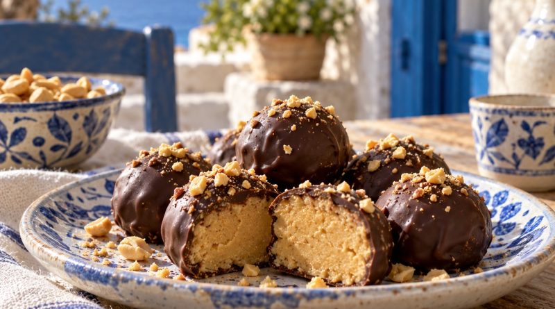 Peanut Butter Trüffel in rustikaler griechischer Küchenatmosphäre