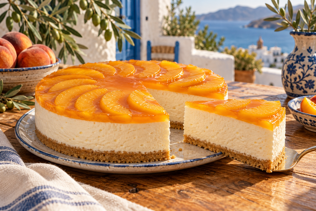 Pfirsich-Cheesecake ohne Backen in einer warmen griechischen Küchenatmosphäre
