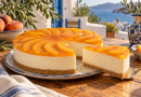 Pfirsich-Cheesecake ohne Backen in einer warmen griechischen Küchenatmosphäre