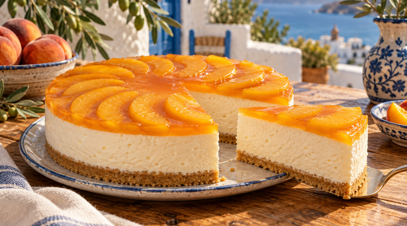 Pfirsich-Cheesecake ohne Backen in einer warmen griechischen Küchenatmosphäre