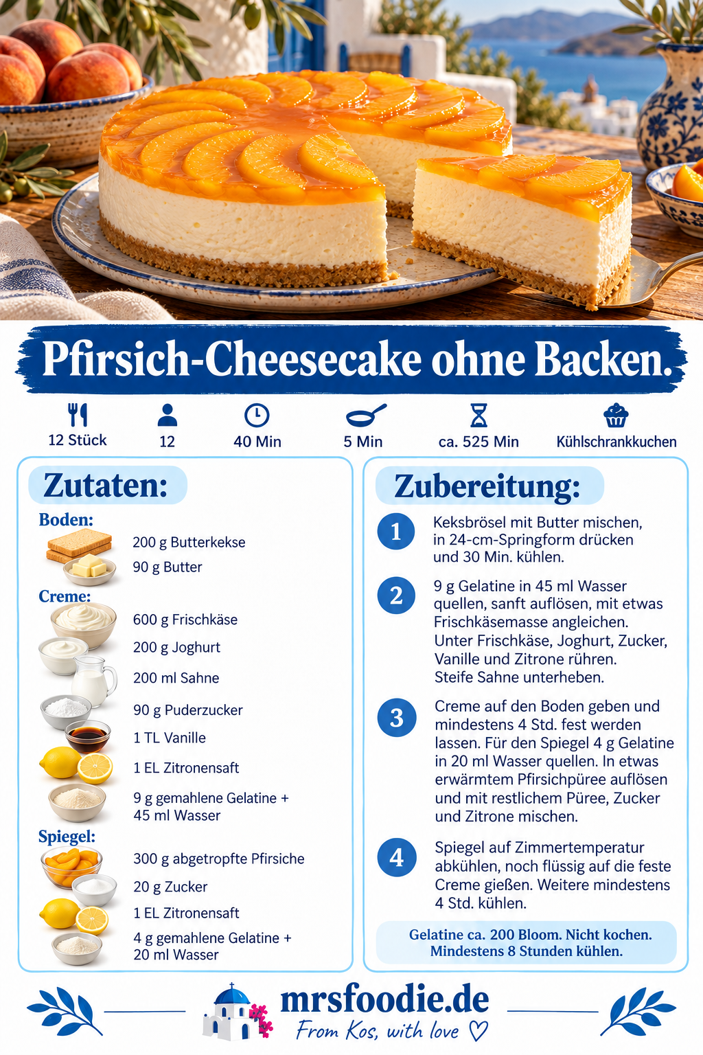 Pfirsich-Cheesecake ohne Backen – Pinterest-Rezeptkarte mit Zutaten und Kurzanleitung