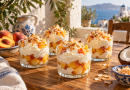 Pfirsich-Kokos-Dessert mit Mascarpone in einer warmen griechischen Küchenatmosphäre