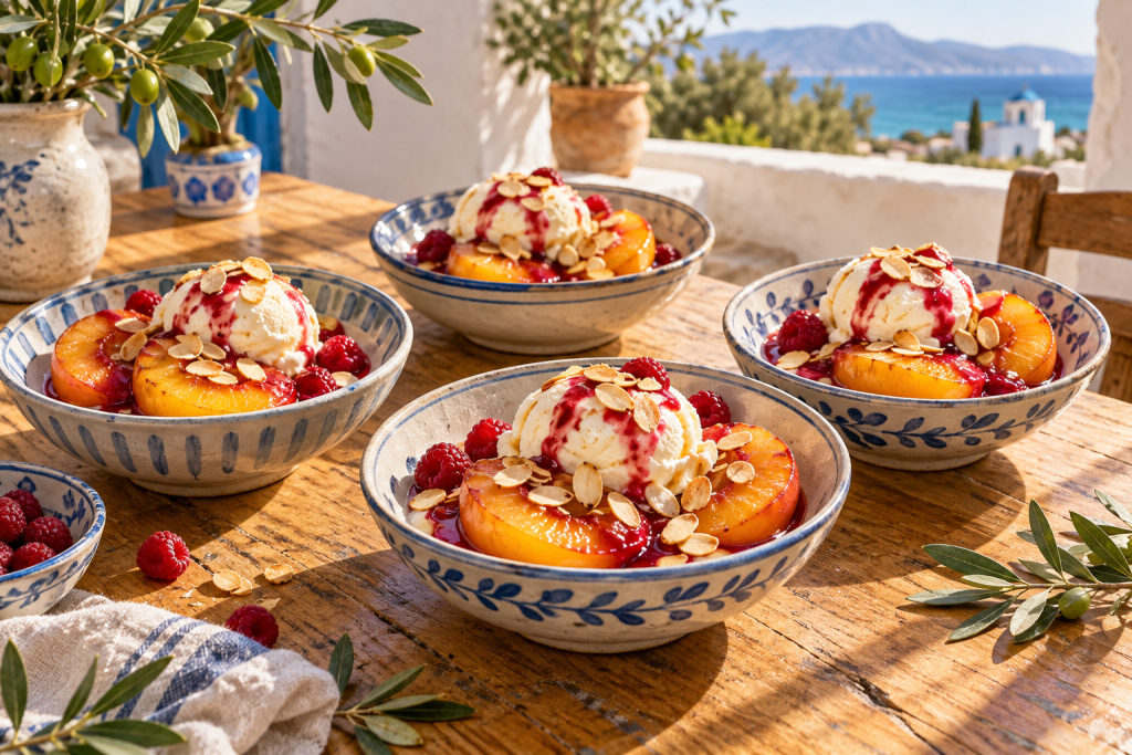 Pfirsich-Melba-Dessert mit Himbeersauce in einer warmen griechischen Küchenatmosphäre