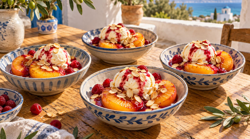 Pfirsich-Melba-Dessert mit Himbeersauce in einer warmen griechischen Küchenatmosphäre