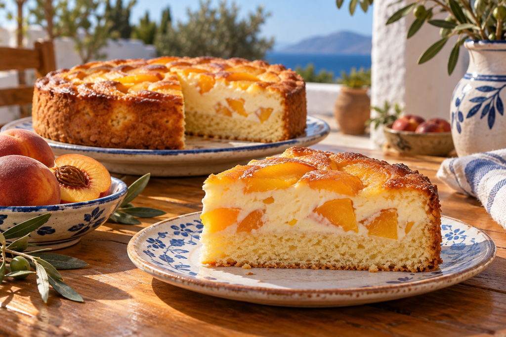 Saftiger Pfirsich-Schmand-Kuchen auf einem blau-weißen Teller in einer griechischen Küche