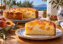 Saftiger Pfirsich-Schmand-Kuchen auf einem blau-weißen Teller in einer griechischen Küche