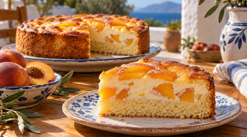 Saftiger Pfirsich-Schmand-Kuchen auf einem blau-weißen Teller in einer griechischen Küche