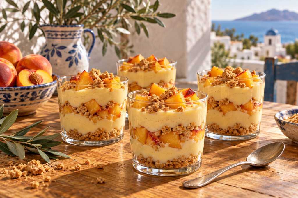 Pfirsich-Vanillepudding-Dessert im Glas in einer warmen griechischen Küchenatmosphäre