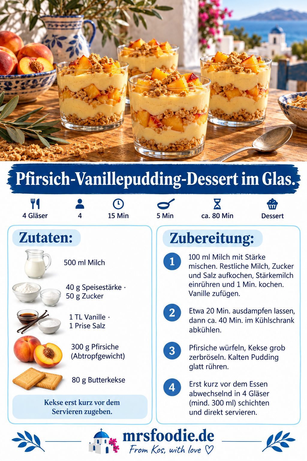 Pfirsich-Vanillepudding-Dessert im Glas – Pinterest-Rezeptkarte mit Zutaten und Kurzanleitung