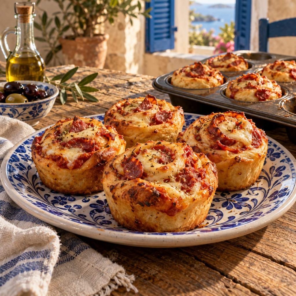 Pizza-Muffins aus Pizzateig mit Mozzarella und Salami