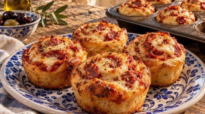 Pizza-Muffins aus Pizzateig mit Mozzarella und Salami
