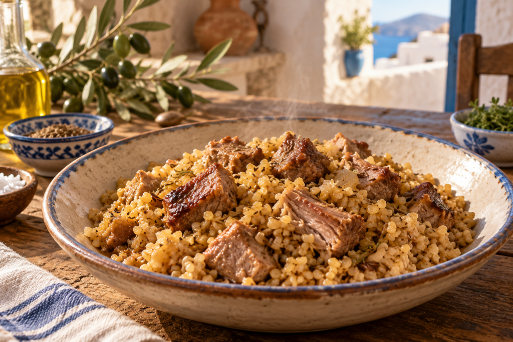 Pligouri mit Schweinefleisch – deftiger Bulgur aus Kos in warmer, rustikaler griechischer Küchenatmosphäre