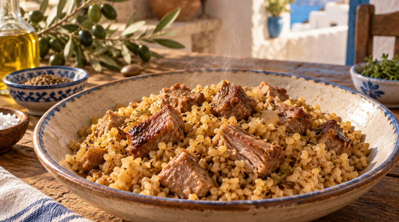 Pligouri mit Schweinefleisch – deftiger Bulgur aus Kos in warmer, rustikaler griechischer Küchenatmosphäre
