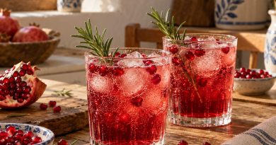 Pomegranate Rosemary Sparkler mit Rosmarin – zwei Portionen in einer rustikalen griechischen Küche