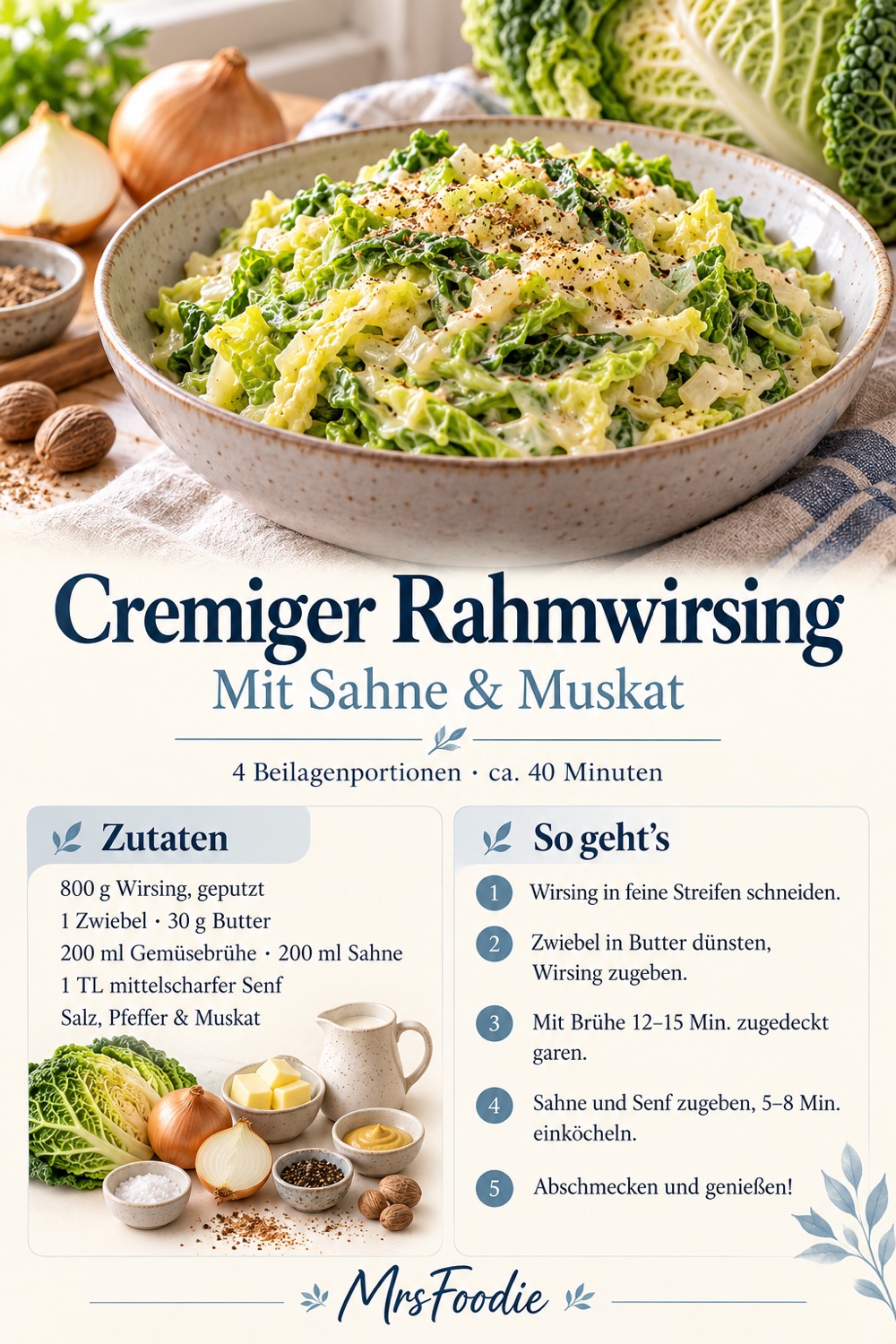 Pinterest-Rezeptkarte für Rahmwirsing mit Sahne, Zutaten und Zubereitung für vier Beilagenportionen.