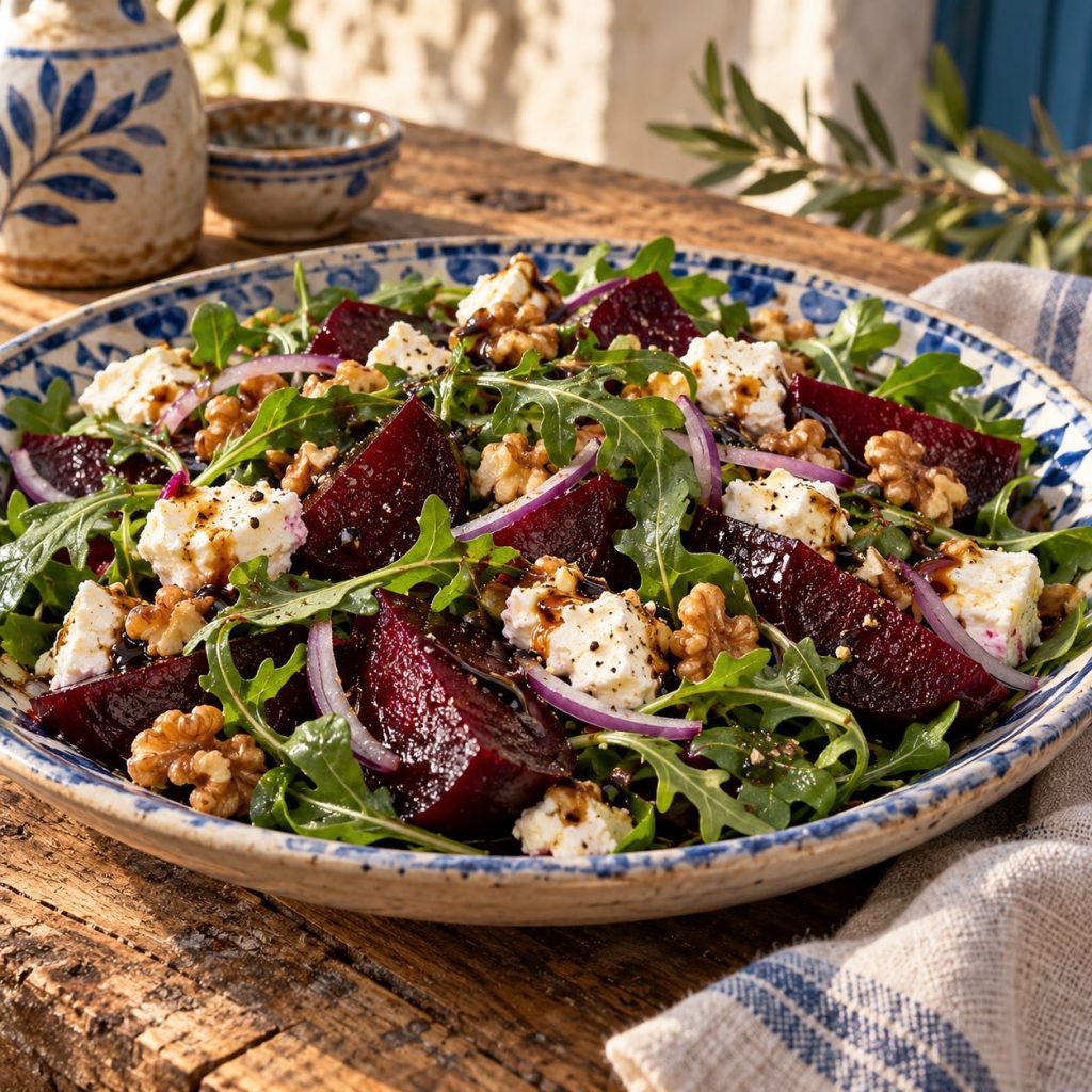 Rote-Bete-Ziegenkäse-Salat in einer rustikalen griechischen Küche