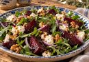 Rote-Bete-Ziegenkäse-Salat in einer rustikalen griechischen Küche