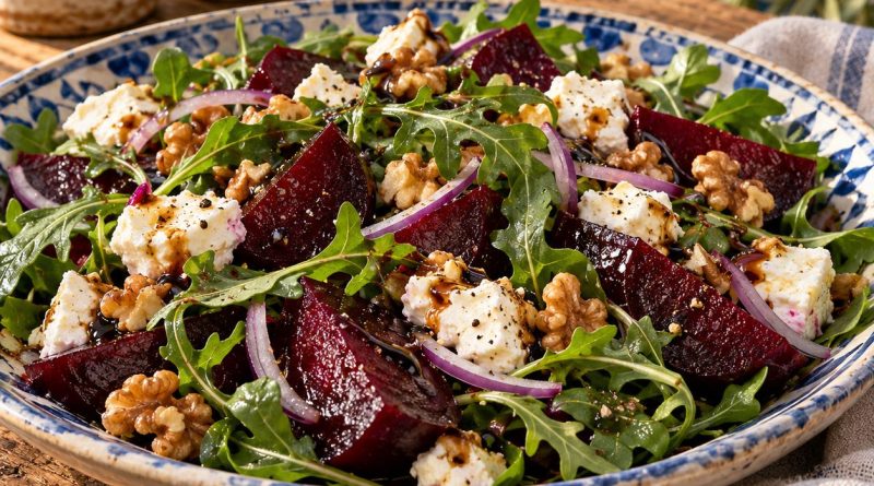 Rote-Bete-Ziegenkäse-Salat in einer rustikalen griechischen Küche