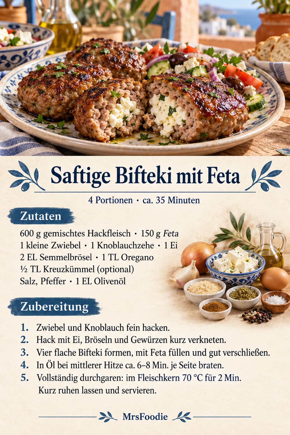 Pinterest-Rezeptkarte: Saftige Bifteki mit Feta mit Zutaten und kurzer Zubereitungsanleitung.