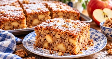 Ein Stück Apfel-Walnuss-Kuchen mit großen Apfelstücken und gehackten Walnüssen auf einem blau-weißen Teller, dahinter der restliche Blechkuchen.